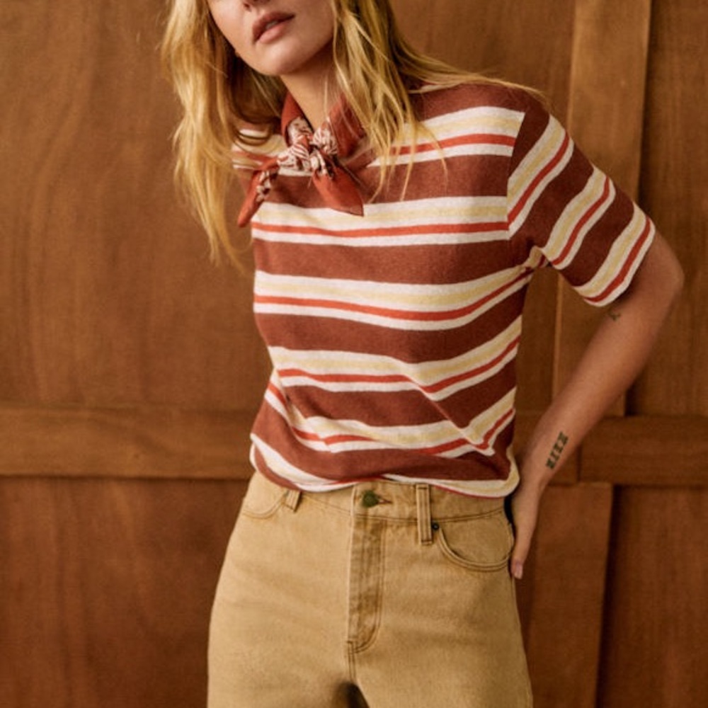 Sezane Brown and Cream Striped Short Sleeve Tee